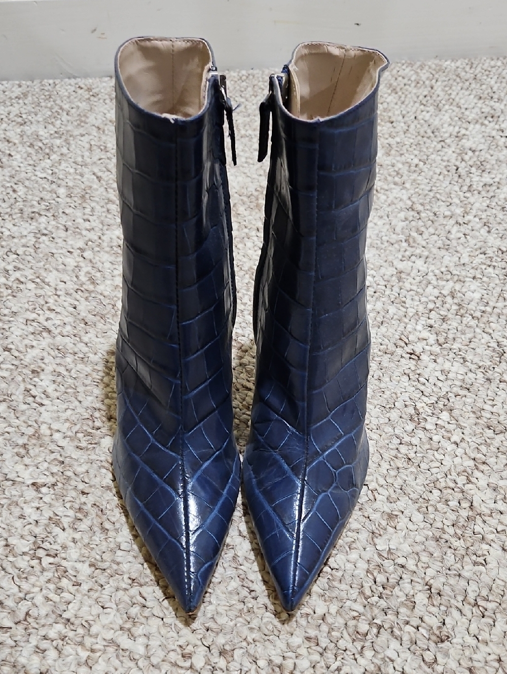 Zara Navy Croc-Embossed Pointed Ankle Boots